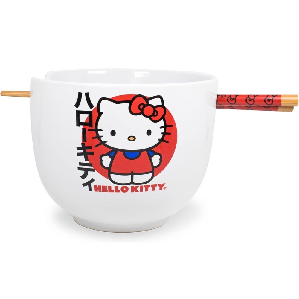 Sanrio Hello Kitty Japanese Ceramic Ramen Noodle Rice Bowl with Chopsticks,